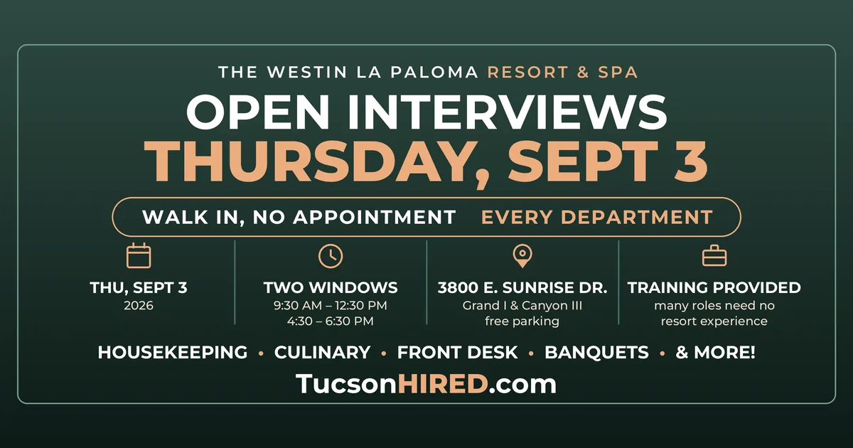 Westin La Paloma Hiring Event September 3: Open Interviews Across Every Department