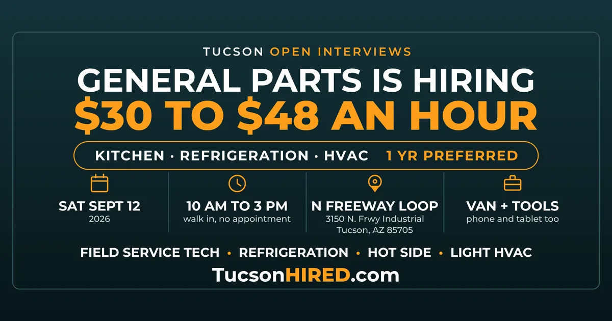 General Parts Open Interviews Sept. 12: Commercial Kitchen Techs Hiring in Tucson